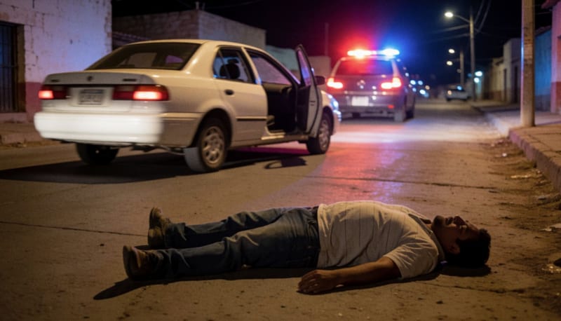 Vehículo blanco huyendo del lugar de un atropellamiento en una avenida urbana nocturna