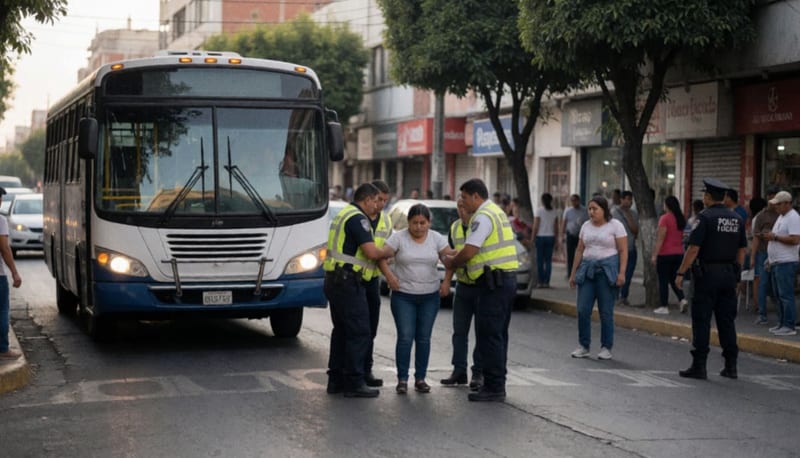 Paramédicos atendiendo a una mujer en una intersección del Centro de Chihuahua, camión urbano detenido de fondo