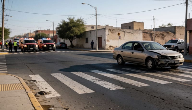 Cruce peatonal de una avenida urbana con vehículos de emergencia estacionados al fondo bajo luz del atardecer