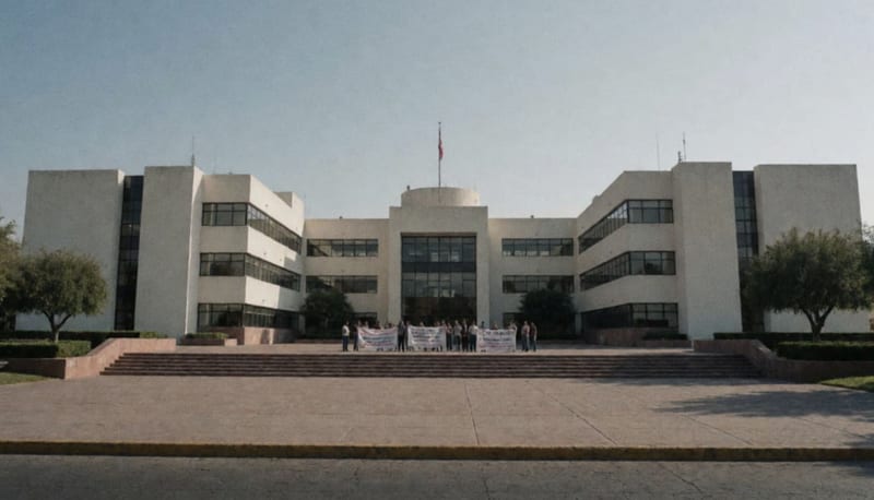 Explanada de un edificio judicial con un pequeño grupo de personas a lo lejos