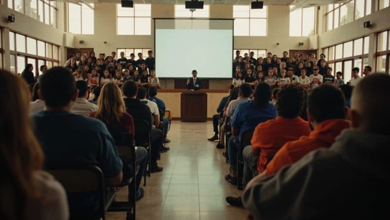 Estudiantes y maestros del Conalep escuchando una conferencia sobre ética pública en un auditorio