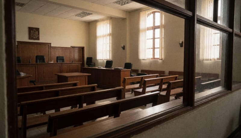 Interior de una sala de audiencias con bancas de madera y el estrado judicial de fondo