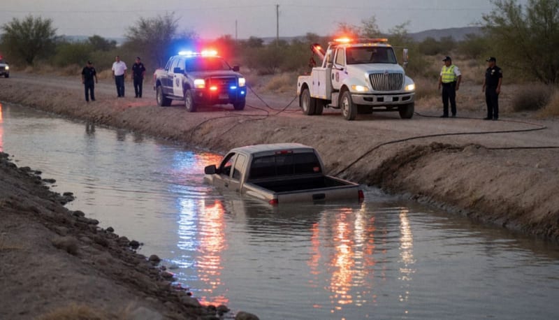 Camioneta parcialmente sumergida en un canal de riego con luces de emergencia y grúa de rescate en el lugar