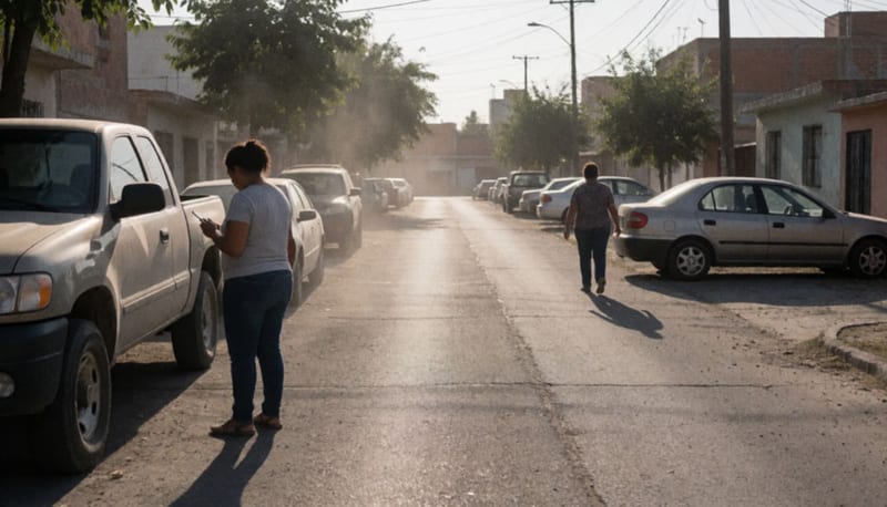 Mujer inspeccionando un vehículo en una zona residencial mientras consulta su teléfono