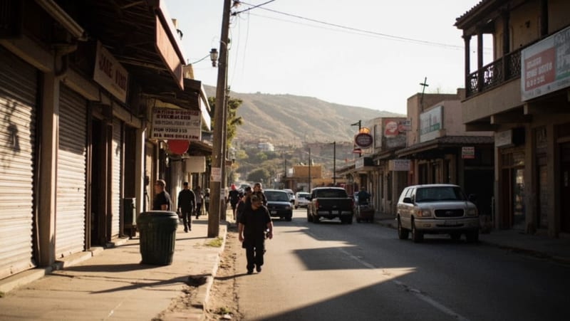 Fachadas de comercios en una calle comercial de un municipio chihuahuense, con vehículos estacionados y negocios cerrados