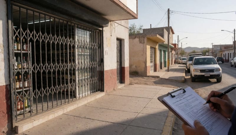 Fachada de una tienda de bebidas con puerta de seguridad cerrada bajo vigilancia municipal en una calle desértica
