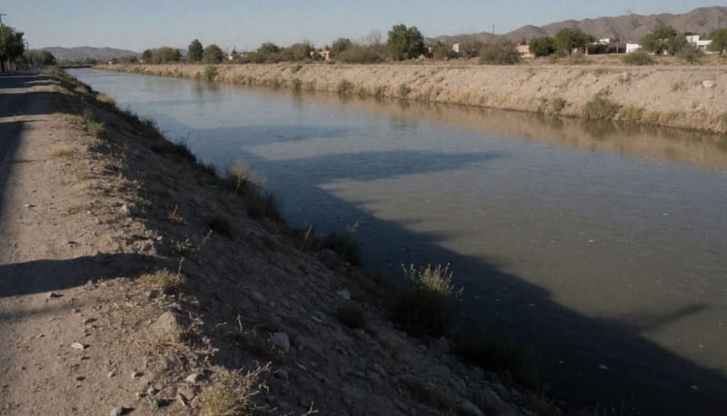 Canal de riego en zona árida del norte de México bajo la luz del atardecer