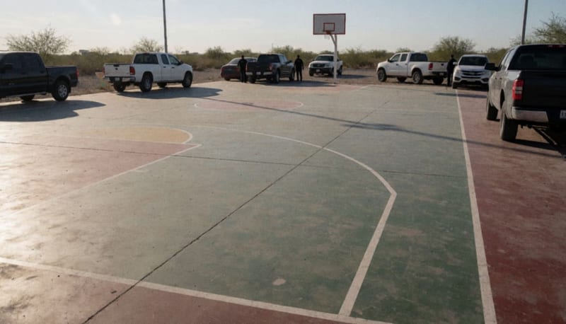 Cancha de basquetbol con vehículos estacionados sobre la superficie, vista desde un costado del terreno deportivo