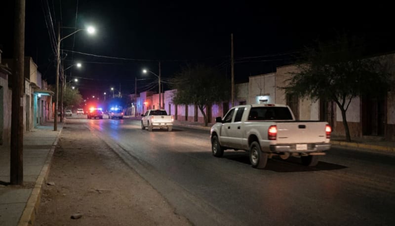 Calle vacía de un municipio norteño al atardecer con luces de emergencia al fondo