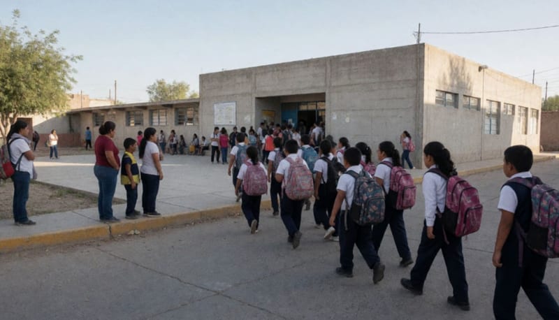 Estudiantes ingresando a una escuela en un municipio del norte de Chihuahua