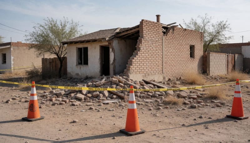 Vivienda derribada con escombros y barricada de seguridad en un terreno árido del desierto