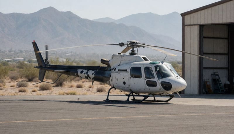 Helicóptero policial con múltiples impactos de bala visibles en su estructura, estacionado en una pista de aterrizaje del desierto chihuahuense