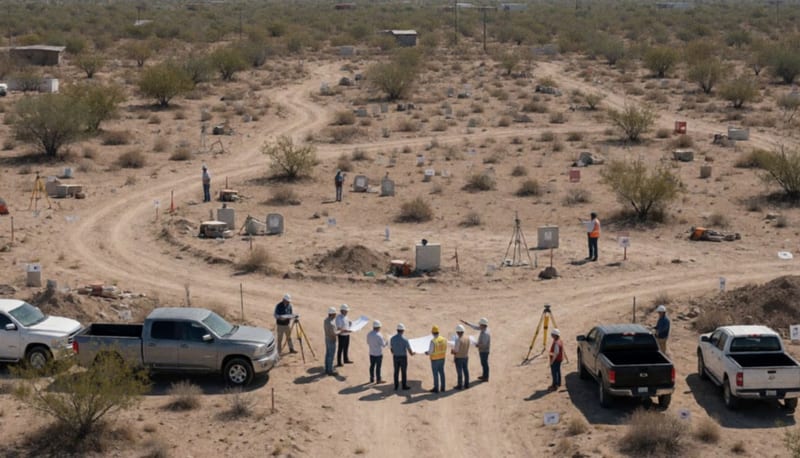 Funcionarios con cascos inspeccionando el terreno del relleno sanitario en el desierto de Ojinaga