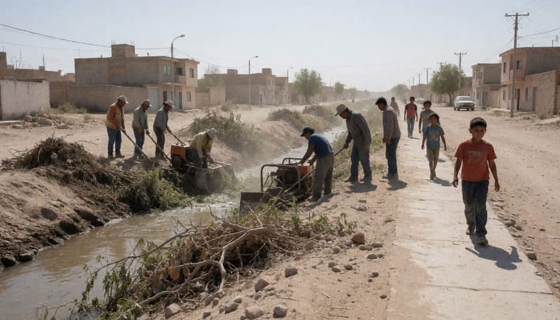 Trabajadores removiendo sedimento y vegetación de un arroyo en una zona residencial de Parral