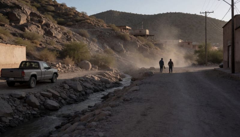 Terreno árido de una zona minera con infraestructura de extracción sobre laderas rocosas al atardecer