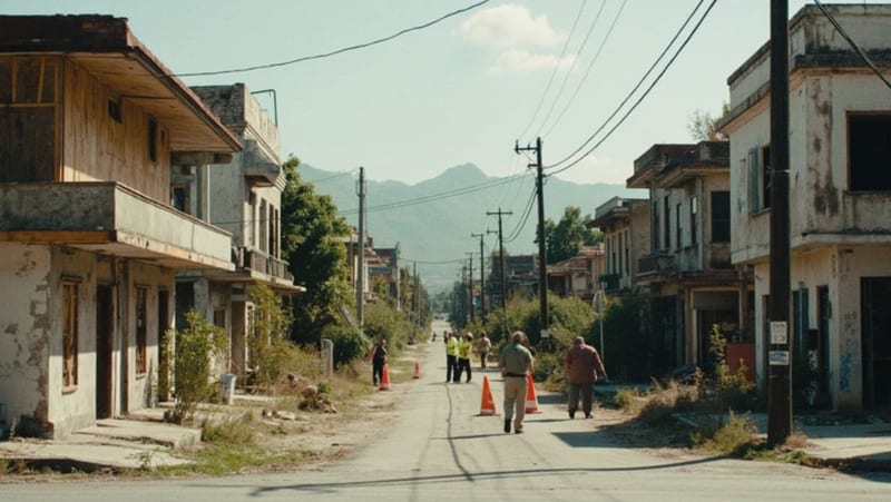 Calle de una colonia con edificios deteriorados y personal municipal realizando tareas de clausura en el área