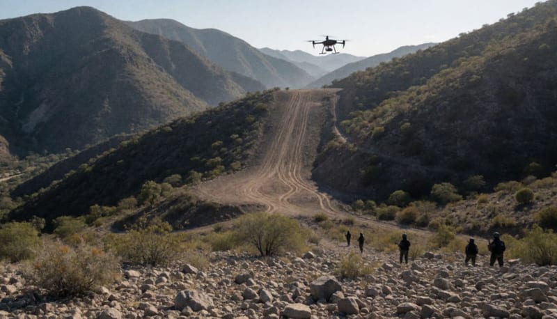 Terreno serrano de la Tarahumara con maquinaria sobre la pista destruida y elementos de seguridad en la distancia