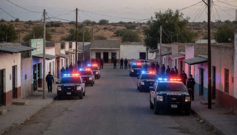 Vehículos de patrulla estacionados en una calle residencial con luces azules y rojas iluminando el entorno al atardecer