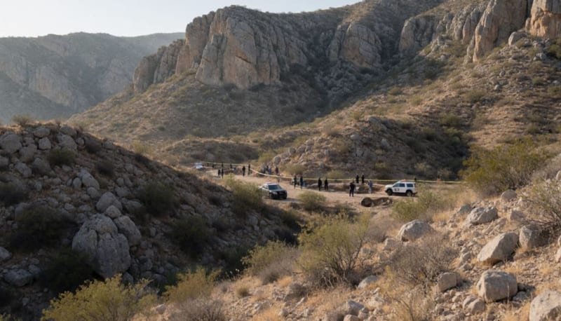 Terreno montañoso árido con equipos forenses trabajando en una zona acordonada entre cerros y vegetación desértica