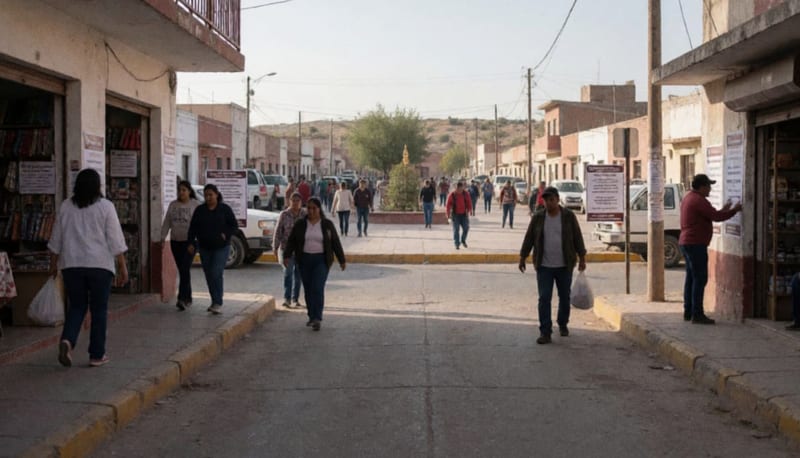 Operativo de difusión de pesquisas en la plaza central de un municipio del norte de Chihuahua