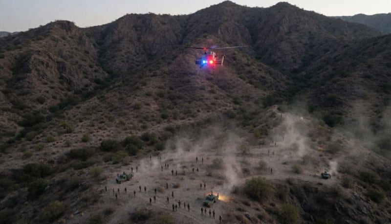 Helicóptero patrullando sobre terreno montañoso del estado con equipo de seguridad en tierra