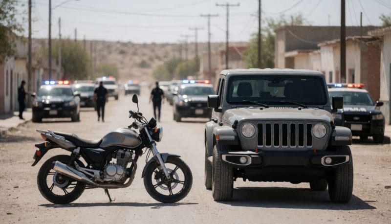 Motocicleta y Jeep recuperados estacionados en una calle polvorienta de la región sur de Chihuahua
