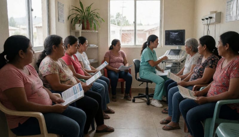 Mujeres en una sala de espera de clínica de salud recibiendo información sobre prevención y diagnóstico