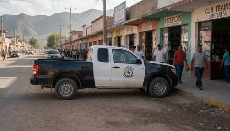 Camioneta de transporte estacionada en una calle principal de un pueblo chihuahuense con comercios al fondo