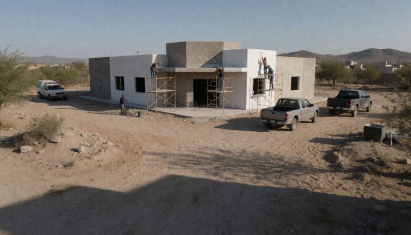 Trabajadores realizando trabajos de acabado en la estructura de un centro comunitario en construcción, con el terreno desértico de Delicias al fondo