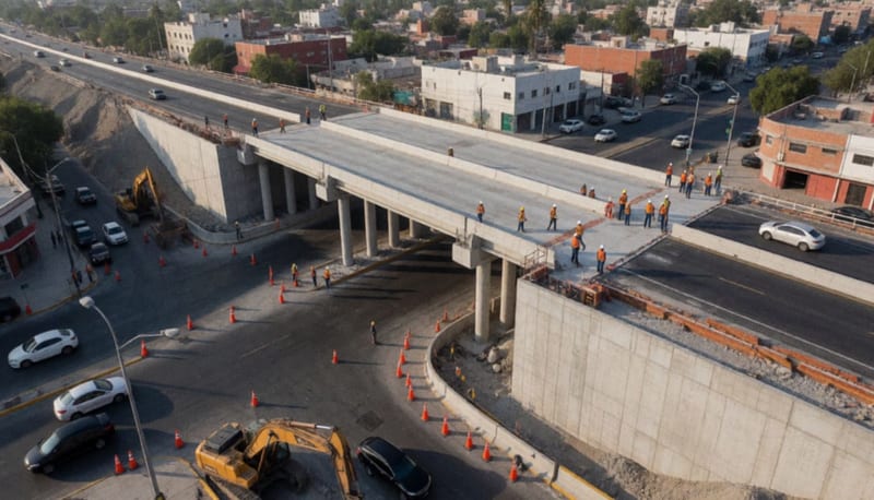 Vista aérea de un paso a desnivel en construcción con columnas de concreto, maquinaria y trabajadores junto a una avenida con tráfico