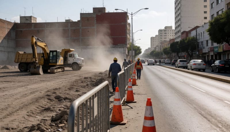 Excavadora y camión de volteo sobre un terreno de tierra junto a una avenida, con conos naranjas y obreros a lo lejos