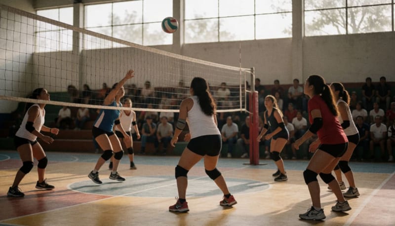 Jugadoras de voleibol en acción durante un partido femenil en una cancha local
