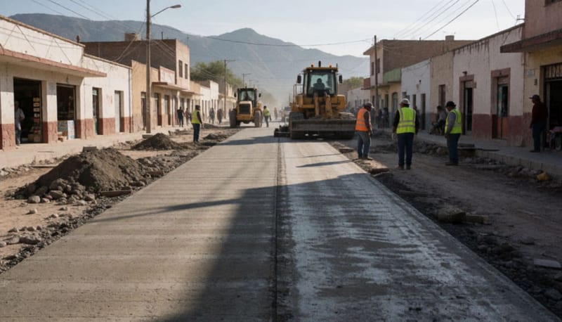 Maquinaria pesada realizando trabajos de pavimentación sobre una avenida principal de un pueblo del norte de México