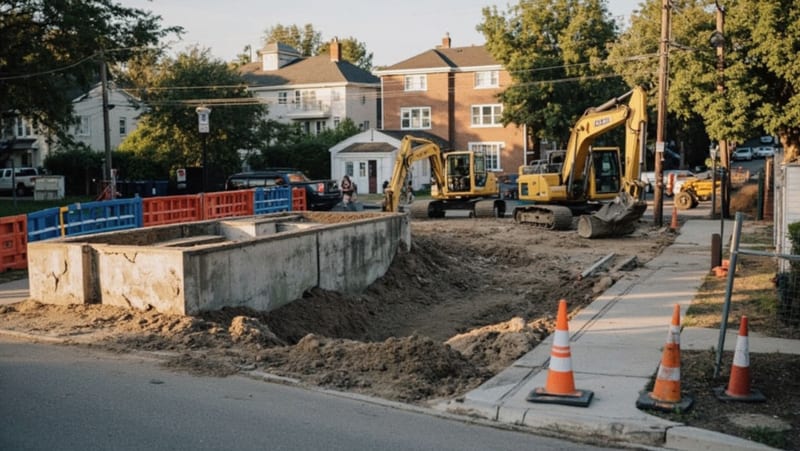 Maquinaria pesada y trabajadores realizando labores de demolición y reconstrucción en el fraccionamiento dañado