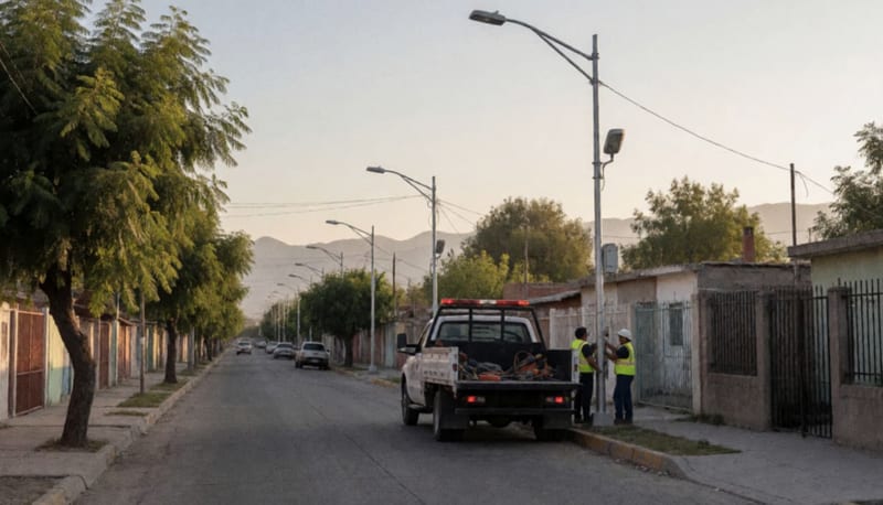 Trabajadores instalando una nueva luminaria en una avenida residencial al atardecer