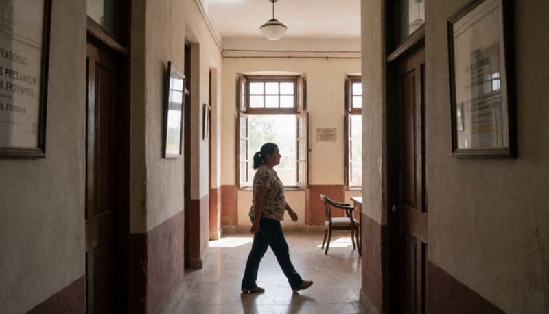 Pasillo interior de edificio gubernamental con luz natural iluminando puertas y paredes de arquitectura colonial