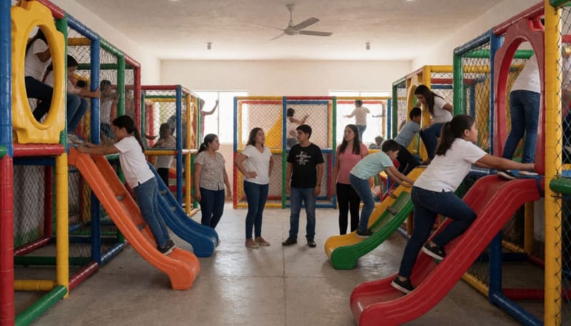 Interior colorido de centro de entretenimiento con niños y adolescentes usando áreas de recreación bajo iluminación brillante