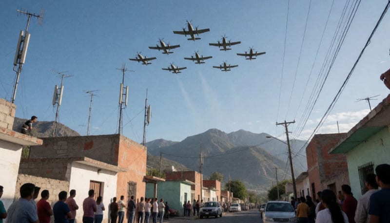 Siete aviones militares sobrevolando en formación el cielo despejado de una ciudad serrana del norte de México