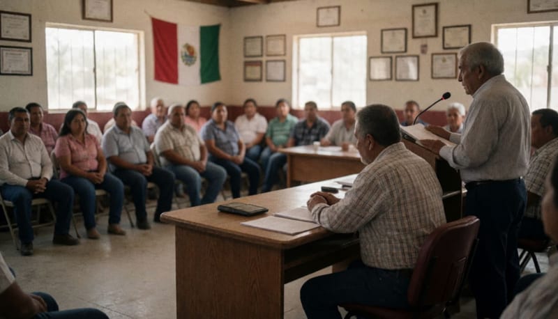 Sesión de cabildo con autoridades municipales y comunitarias reunidas en una sala con mesas de madera