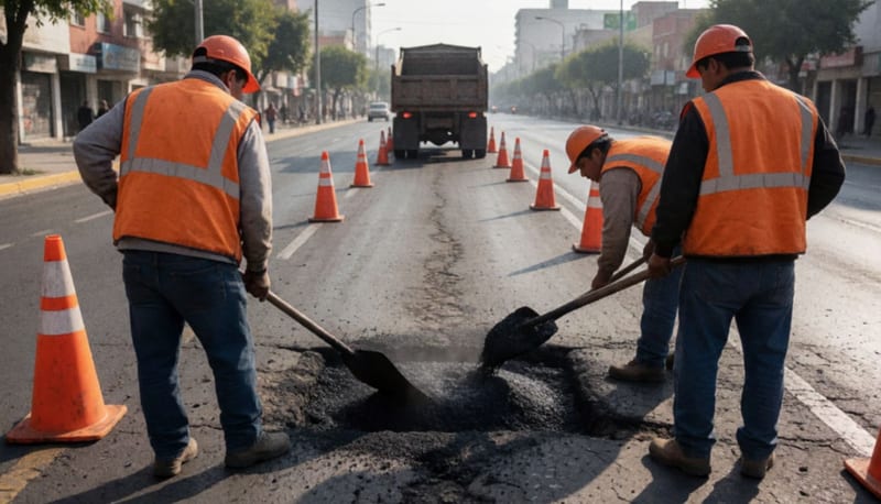 Cuadrilla de trabajadores con chalecos naranjas rellenando un bache con asfalto en una avenida amplia durante la mañana