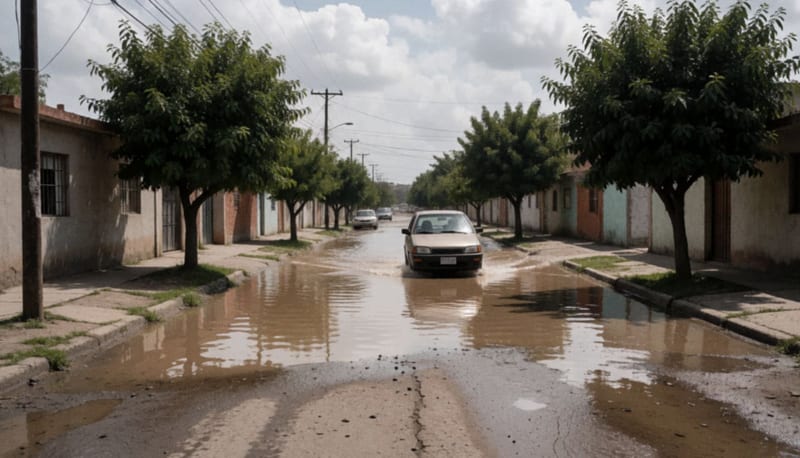 Auto avanzando despacio por una calle residencial inundada donde el agua turbia cubre el pavimento dañado después de la lluvia