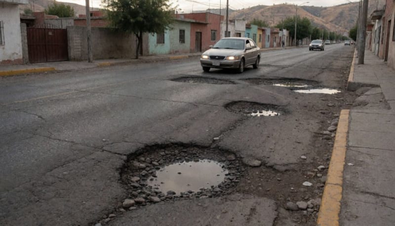 Avenida de asfalto deteriorado con baches profundos llenos de agua y un auto esquivándolos a lo lejos
