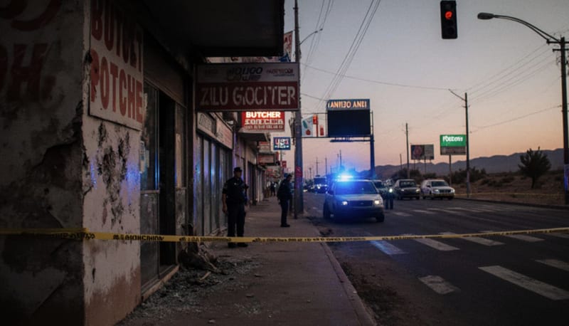 Fachada de carnicería con impactos de bala y acordonamiento policial en cruce de carretera al atardecer