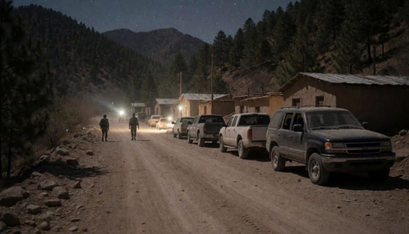 Camioneta oscura abandonada y varias pick ups estacionadas en un camino de terracería de noche, con soldados lejanos iluminando con linternas