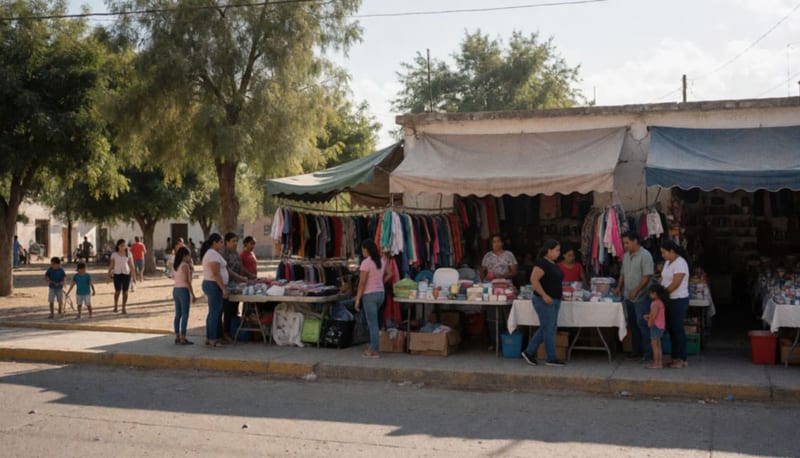 Puestos de venta en un mercado comunitario con artículos de segunda mano expuestos en mesas, familias inspeccionando ropa y electrodomésticos en un parque