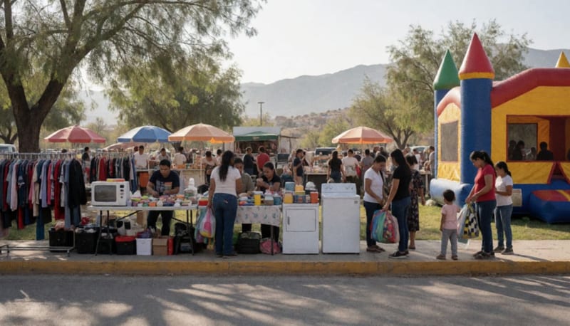 Familias comprando artículos de segunda mano en mesas de un bazar comunitario al aire libre bajo el sol de la tarde