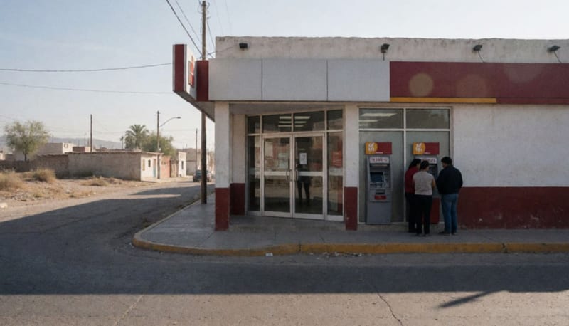 Entrada de una sucursal bancaria con las puertas cerradas y cajeros automáticos visibles al costado