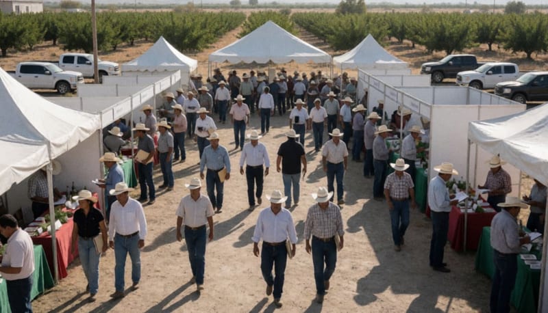 Agricultores y expositores recorren los pabellones de la exposición agrícola en Delicias bajo la luz del mediodía