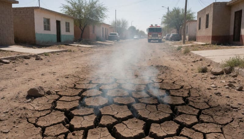 Grieta en el terreno del que sale humo en una colonia residencial de Camargo
