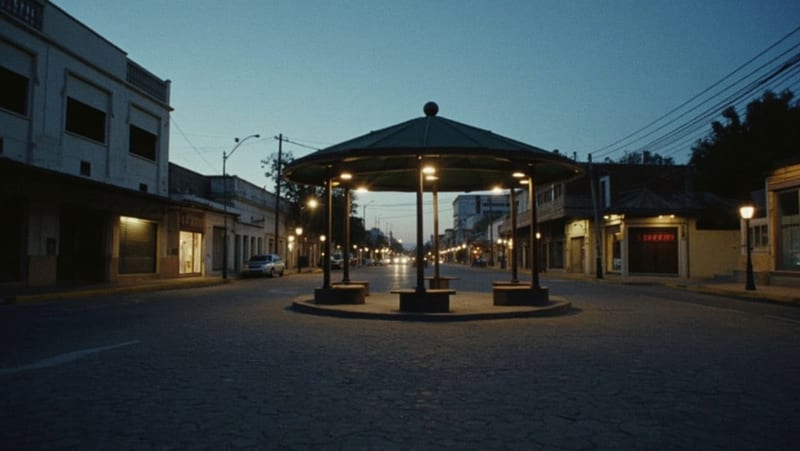 Kiosco vacío en una plaza de Camargo al atardecer, sin asistentes alrededor